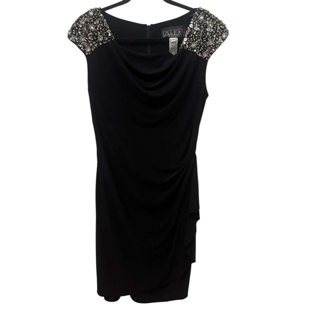 Alex Evenings Black Rhinestone Shoulders Ruched Stretch Cowl Neck Dress Size 10